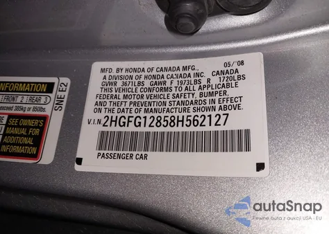 2008 Honda Civic Ex z USA, uszkodzony, nr VIN 2HGFG12858H562127